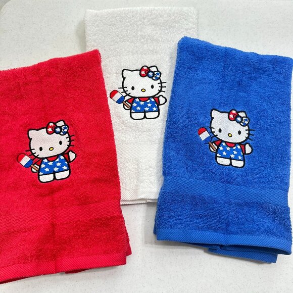 Hello Kitty Towels Embroidered July 4th Hand Towel Set Cute Bathroom Holiday - Picture 1 of 7